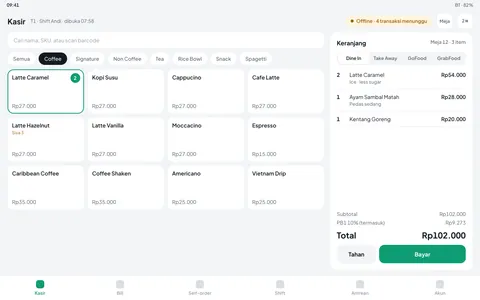 Aplikasi Kasira Kasir di tablet Android dengan status Offline · 4 transaksi menunggu